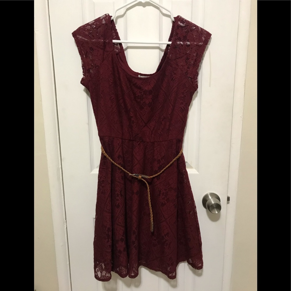 Burgundy causal dress with belt.